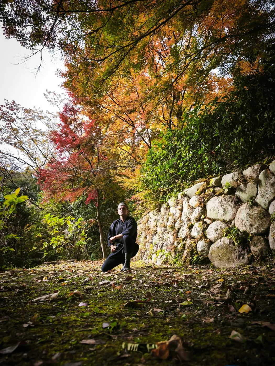 Danny crouching in an autumn forest beside a stone wall