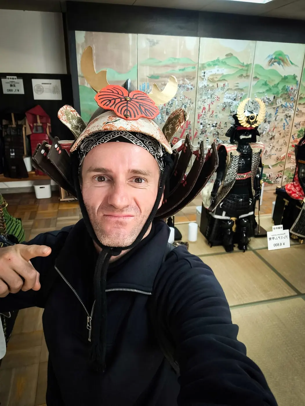 Danny wearing a samurai helmet